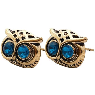 Rhylane –Uil Oorknopjes – Bronskleurig & blauwe steentjes - Fashion Oorbellen – Vrouwen – Oorbellen – 10 bij 9 mm