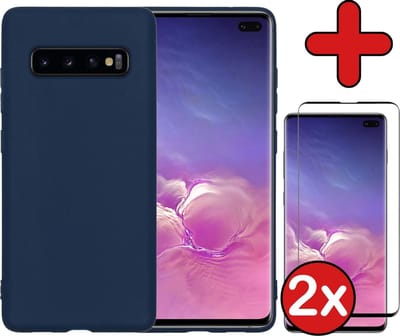Hoesje - Met 2x Screenprotector - Geschikt voor Samsung Galaxy S10 - Sterk & Shockproof - Telefoon Hoes - Back Cover - Siliconen Case - Telefoonhoes - Donkerblauw