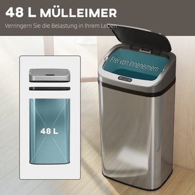 HAUSS SPOLE Prullenbak – Sensorprullenbak Met Automatisch Openen En Sluiten – 48 Liter – Metaal En Kunststof – Zilver – Keuken Of Kantoor