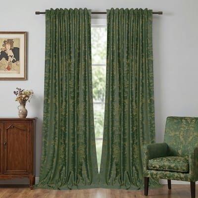Qelus Velours Gordijnen met Goudprint - 2 Stuks - Verduisterend & Geluidsdempend Raamgordijnen - Luxe Hotel Chique Uitstraling - 260gsm Kant en Klaar - Multifunctionele Plooiband - 132x183cm - Groen
