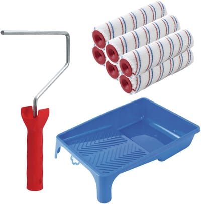 Sorex Verfrollers muur schilderen set - beugel en verfbak - 6x rollers van 18 cm breed - Dikte 6.6 cm - Anti spat rollers