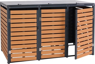 3 afvalbakken MCW-K14, afvalbak deksel, 119x205x84cm WPC metaal 109kg ~ teak look