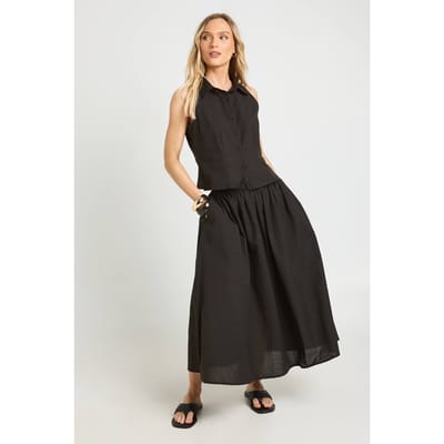 boohoo Dames Petite Linnen-look Gilet & Volumineuze Maxi Rok Co-ord | Zwart | Maat: 34