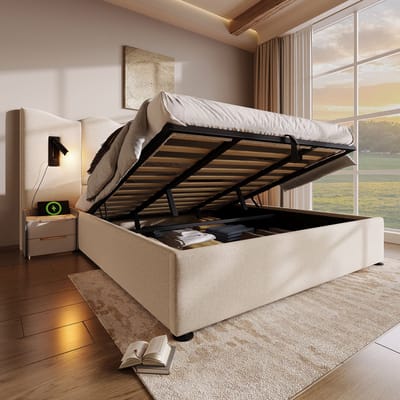 Gestoffeerd tweepersoonsbed 180×200 cm - leeslamp en USB Type-C oplaadfunctie, opbergbed, bedframe met lattenbodem van massief hout en metaal, Beige, linnen (exclusief matras)