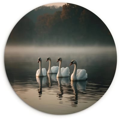 WallCircle® Wandcirkel 120x120 cm - Muurcirkel Zwanen - Wit - Water - Mist - Muurdecoratie woonkamer - Wanddecoratie slaapkamer - Kamer decoratie accessoires - Ronde schilderijen XXL