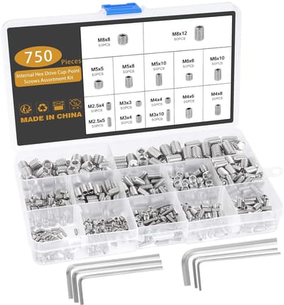 750 Stuks Verstelbare Schroeven Set, M2.5 M3 M4 M5 M6 M8 Roestvrijstalen Wormschroeven met Inbussleutel en Diverse Maten