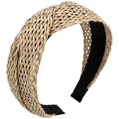 Beige gevlochten haarband – dames diadeem in rotanlook – brede haaraccessoire met kruismotief