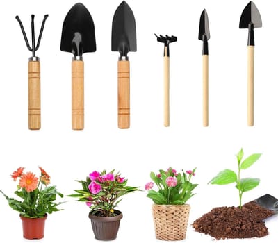 tuingereedschapsset, 6 stuks tuinschep, klein tuingereedschap, mini-plant, tuingereedschap, mini houten handvat, handheld, mini-schop, spop, hark, tuinset, gereedschap voor bonsai