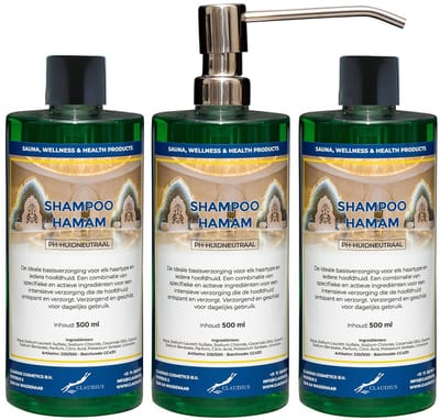 Shampoo Hamam 500 ml met luxe RVS zilverkleurige pomp - set van 3 stuks - voordeelverpakking - haarverzorging