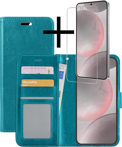 Hoesje - Met Screenprotector - Geschikt voor Samsung Galaxy S24 - Luxe Pasjeshouder - Bookcase Portemonee - Flip Case - Kunstleer Book Case - Flipcase - Book Cover - Walletcase - Portemonneehoes - Turquoise