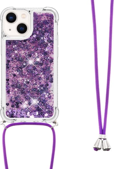Coverup Hoesje - Geschikt voor iPhone 15 Hoesje - Coverup Liquid Glitter Back Cover met Koord - Paars