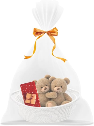 Lege gevlochten cadeau mand voor babyshowers, verjaardagen en bruiloften, inclusief cellofaan zakken en strik, ideaal voor opslag en decoratie (Wit)