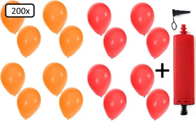 200x Ballonnen rood en oranje + ballonpomp - Ballon carnaval festival feest party verjaardag landen helium lucht thema