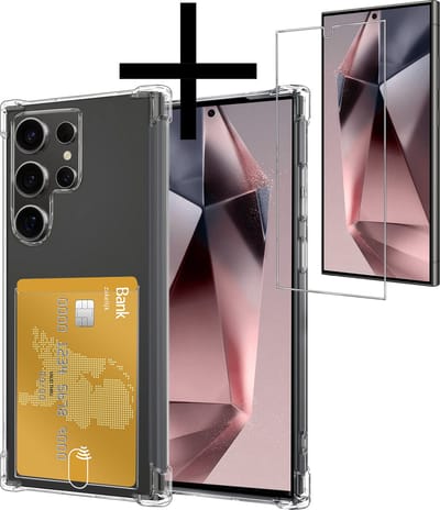 Hoesje - Geschikt voor Samsung Galaxy S24 Ultra - Met Screenprotector - En Pashouder - En Kaarthouder - Telefoon Hoes Shockproof - Siliconen Case - Back Cover - Shock Proof - Pasjes Houder - Transparant