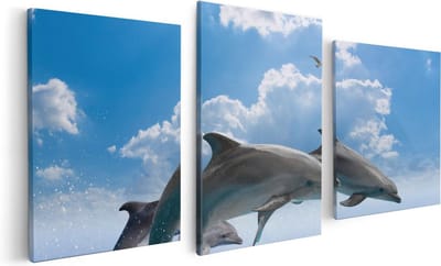 Artaza Canvas Schilderij Drieluik Dolfijnen Springen uit de Blauwe Zee - 120x60 - Foto Op Canvas - Canvas Print