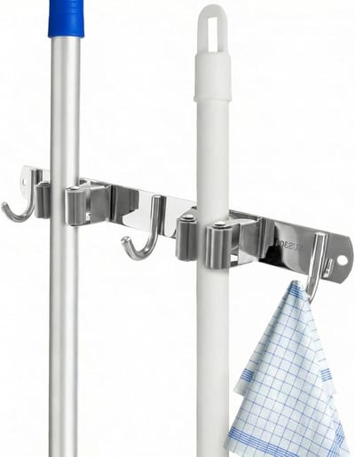 Broom Holder Wandbevestiging zonder Boren van RVS met 2 Houder en 3 Haken voor Keuken, Badkamer en Garage