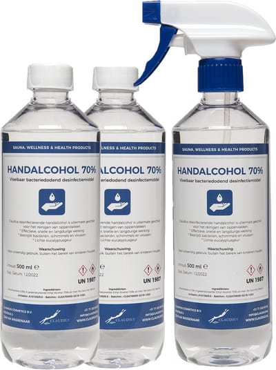 Handalcohol 70% - 500 ml met spraykop + 2x 500 ml met dop
