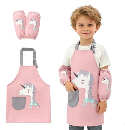 Verstelbare waterdichte kinderschort en mouwset - Keukenschort voor kinderen met zakken - Geschikt voor jongens en meisjes voor koken, bakken, schilderen, tuinieren en andere activiteiten op school (<=110 cm)