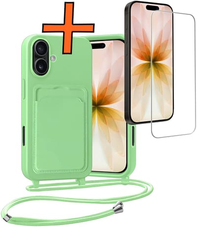 Hoesje Geschikt voor iPhone 17 Hoesje Met Telefoonketting Pasjeshouder Case Met Screenprotector Koord - Hoesje Geschikt voor iPhone 17 Hoes Met Kaarthouder - Groen