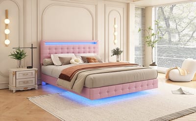 140*200 cm vlak bed - led-omgevingsverlichting - afstandsbediening met 24 toetsen - vering - PU-materiaal - hoofdbord in drie standen verstelbaar - roze