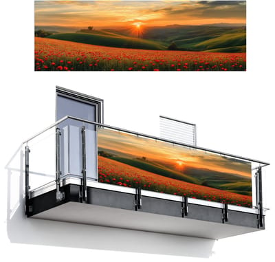 Balkonscherm 300x100 cm - Balkonposter Klaprozen - Bloemen - Heuvels - Zonsondergang - Balkon scherm decoratie - Balkonschermen - Balkondoek zonnescherm