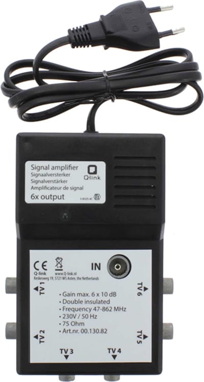 Q-LINK Signaalversterker TV - Coax Aansluiting - 6 Uitgangen - 47-862 MHz - 75 Ohm - Antenneversterker