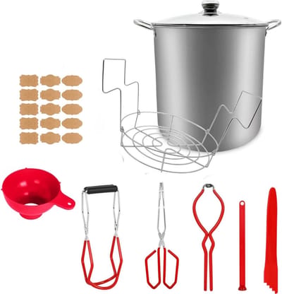 Complete 9-delige inmaakset van roestvrij staal - 20 L waterbad, frame, deksel, glazen lifter, inmaaktangen en 30 labels voor beginners