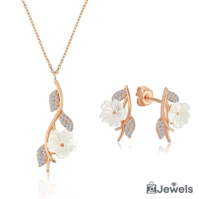 OZ Jewels Roségoud Gekleurde Zilveren Ketting- en Oorbellen set met Bloemendesign - Accessoires - Liefdessieraden - Love Ketting en Oorbellen - Dames - Valentijnsdag - Cadeau - Moederdag - Sieraden Dames - In mooie geschenkverpakking