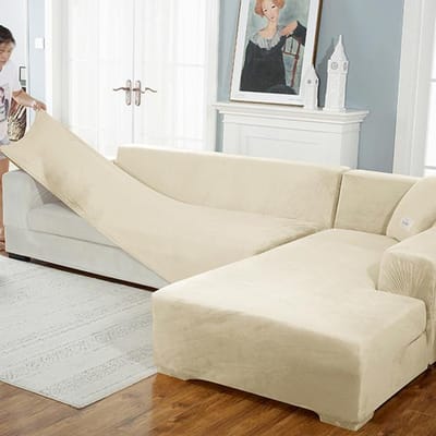 Fluwelen bankhoes Luxe L-vorm banken hoes effen kleur hoekbankhoezen fauteuil anti-stof elastische hoes huisdiervriendelijk 1seater 90-140cm beige