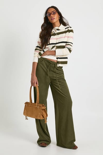 boohoo Dames Hoge kord broek met gebonden taille en wijde pijpen | Olijf | Maat: 38