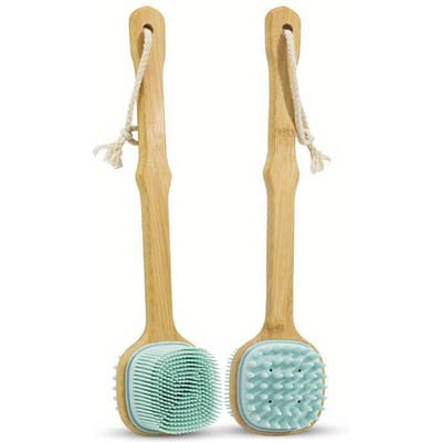 Brosse de douche à poils naturels avec long manche en bois amovible, exfoliante pour la peau sèche, outil de nettoyage et de massage corporel bleu