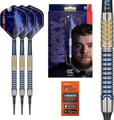 Target Darts Josh Rock Generation 1 Soft Tip Dartpijlen Set 90% Tungsten met Pro Grip Shafts en Pro Ultra Flights - Zwarte Pixel Tips - 20 Gram - Blauw Goud Design