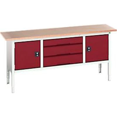 Bott verso box-type werkbank, met multiplex blad, 3 laden & 2 deuren, B 2000 x D 600 x H 830 - 930 mm, lichtgrijs RAL 7035 / paars RAL 3004