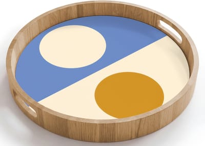 Dienblad rond 40x40 cm - Schootdienblad hout - Cirkels - Symmetrisch - Wit - Blauw- Geel - Borrelplank rechthoek - Plateau houten dienbladen