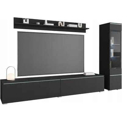 Moderne woonkamer meubelset 3-delig – TV-meubel 180 cm, vitrinekast en plank, zwart grafiet mat, staand of hangend