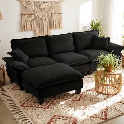 STILVORA Hoekbank 263 x 151 cm - Modulaire L-Vorm Met Verplaatsbare Ottomaan En Kussens - Voor Woonkamer En Appartement - Chenille Zwart
