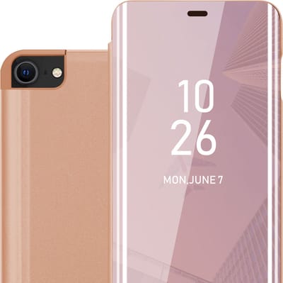 Cadorabo Hoesje geschikt voor Apple iPhone 7 / 7S / 8 / SE 2020 in KUNZIET ROZE - Clear View Spiegel Beschermende Case met Tribunefunctie 360 Graden Bescherming Book Case Cover Etui