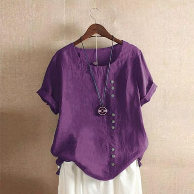 Damesblouse Casual Kortemouw Enkelrijig Katoen en Linnen Blouse Kortemouw Ronde Hals Zoom Split Top XL blue