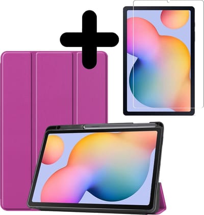Hoesje - Geschikt voor Samsung Galaxy Tab S6 Lite - Met Screenprotector - Trifold Bookcase Hoes - Hard Cover Case - Met Uitsparing Geschikt voor S Pen - Hardcover Book - Tablethoes - Paars
