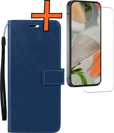 Hoes - Met Screenprotector - Geschikt voor Google Pixel 9 - Luxe Pasjeshouder - Bookcase Portemonee - Flip Case - Kunstleer Book Case - Flipcase - Book Cover - Walletcase - PortemonneeHoes - Donkerblauw