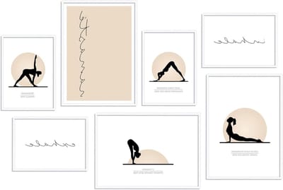 Posterset Yoga - Muurdecoratie Set - Studio Woonkamer - Premium Druk 400gsm - 3xA3 4xA4 - Met Zwarte Lijst