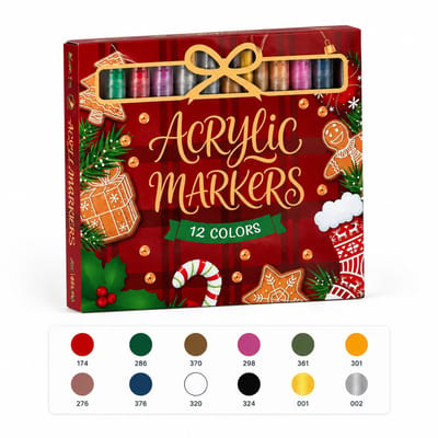 Acrylmarkers - 12 kleuren - Zachte punt en directe inkttoevoer - Voor tekenen en zelfgemaakte wenskaarten - Kerstcadeaudoos