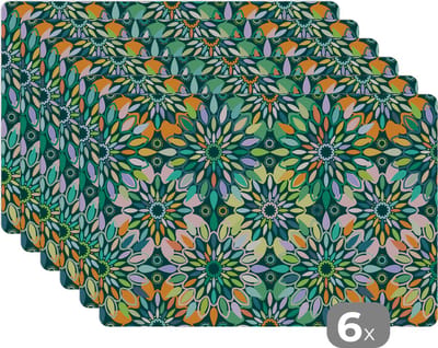 Placemat - Placemats kunststof - Patroon - Mandala - Groen - 45x30 cm - 6 stuks - Hittebestendig - Anti-Slip - Onderlegger - Afneembaar