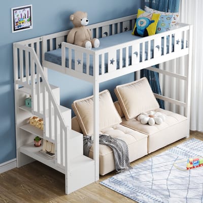 Kinderbed - hoogslaper 90 x 200 cm met trap - massief houten hoogslaper met veiligheidshek - ster- en maandecoratie. Wit zonder matras
