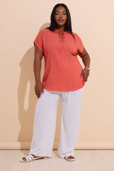 Yours Top Met Textuur En Vhals Met Strikdetail In Koraal Size 44