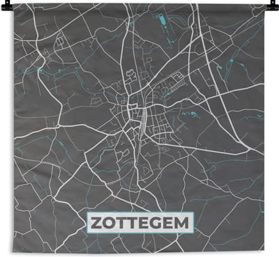 Wandkleed - Wanddoek - België – Zottegem – Stadskaart – Kaart – Blauw – Plattegrond - 180x180 cm - Wandtapijt