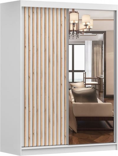 Zweefdeurkast Kledingkast met Spiegel, Schuifwandkast met decoratieve lamellen 150x200x61 cm - LABI B1 (Wit, 150)