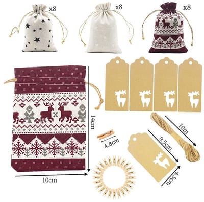 Allecto - Jute Candy Bags - Kerst Adventskalender - Inclusief Clips en Touw - Set van 24 stuks - Cadeautjes en Labels - Ideaal voor kerst en feeste..