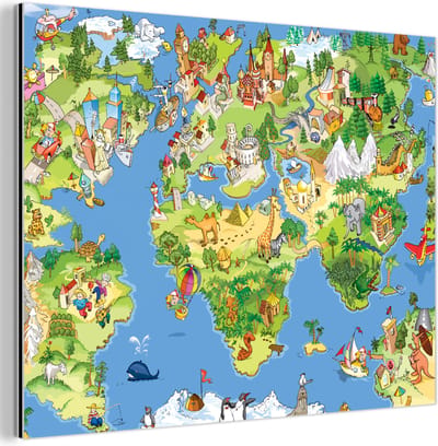 Aluminium schilderij 160x120 cm - Wanddecoratie metaal - Wereldkaart - Kinderen - Natuur - Dieren - Blauw - Groen - Metalen muurdecoratie woonkamer - Decoratie industrieel - Foto op dibond - Industriële accessoires slaapkamer