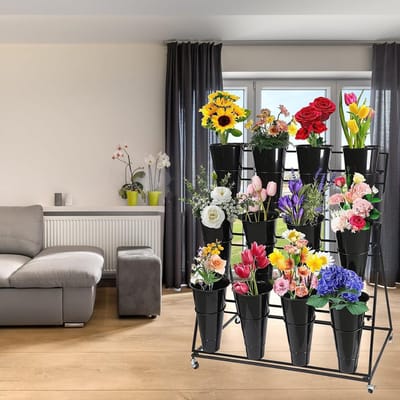 Bloemen Display Stand - Bloemenkar Bloemenrek - Bloemen Presenteren - Met Wielen Stevig - 3 Laags 12 Bakken - Zwart